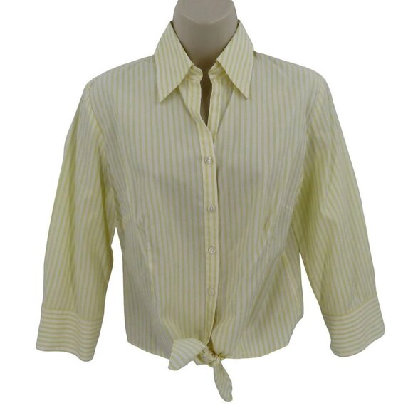 LOFT Ann Taylor Womens 6 Yellow White Stripe Collared Button Tie Blouse Shirt - Picture 1 of 11